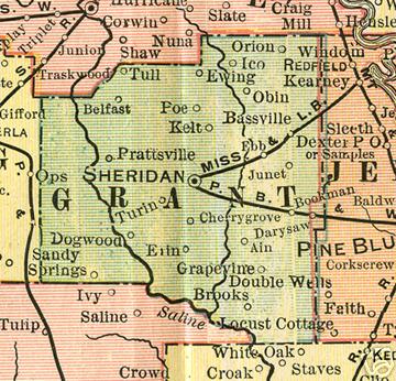 Early map of Grant County Arkansas including Sheridan, Belfast, Grapevine, and Prattsville.